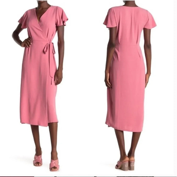 Bobeau Pink Flutter Wrap Midi Dress - Picture 3 of 14